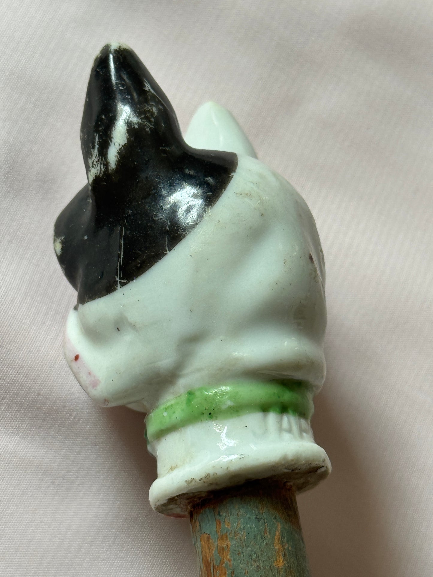 Ceramic French Bulldog Head Carnival Cane - Topper and Stick, Black and White with Green Collar, Grey Stick