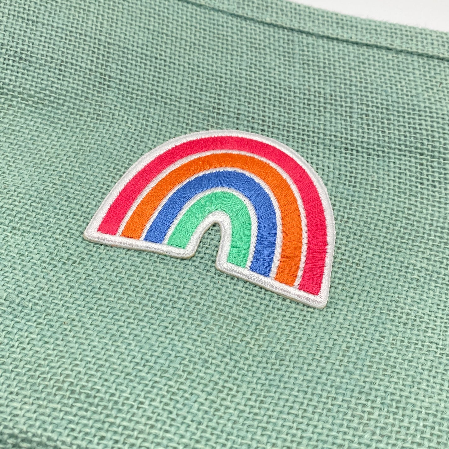 Light Teal Burlap Zipper Pouch with Rainbow Patch