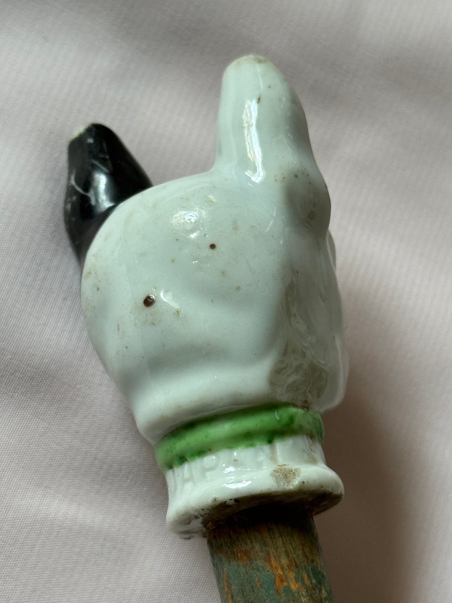 Ceramic French Bulldog Head Carnival Cane - Topper and Stick, Black and White with Green Collar, Grey Stick