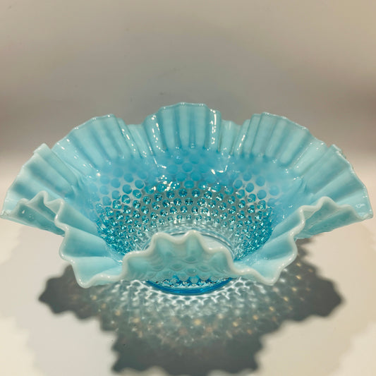 Fenton Blue Opalescent Hobnail Ruffed Edge Bowl