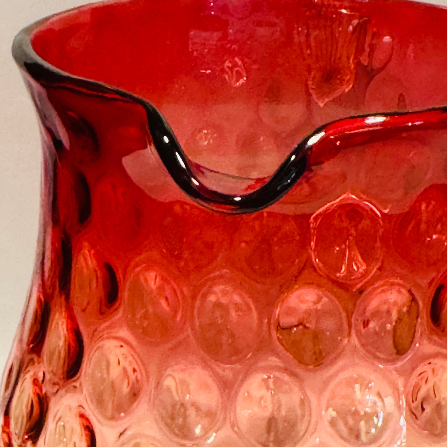 Amberina Glass Coin Dot Pitcher with Clear Handle
