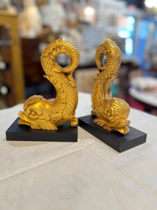 Pair of Gilt Metal Dolphin / Sea Serpent Bookends on Black Pedestal Base