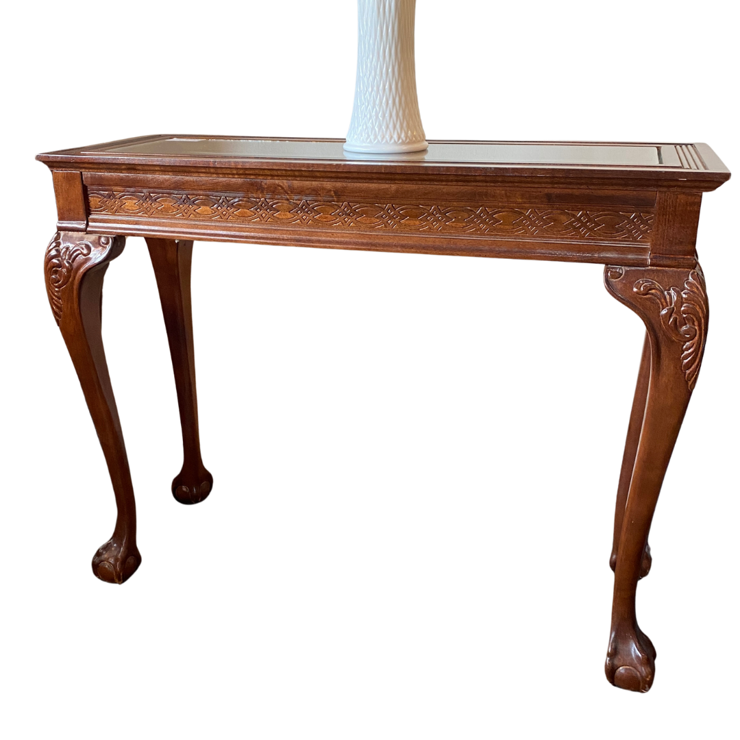 Glass Top Entry Table - With Carved Wood / Claw & Ball Feet