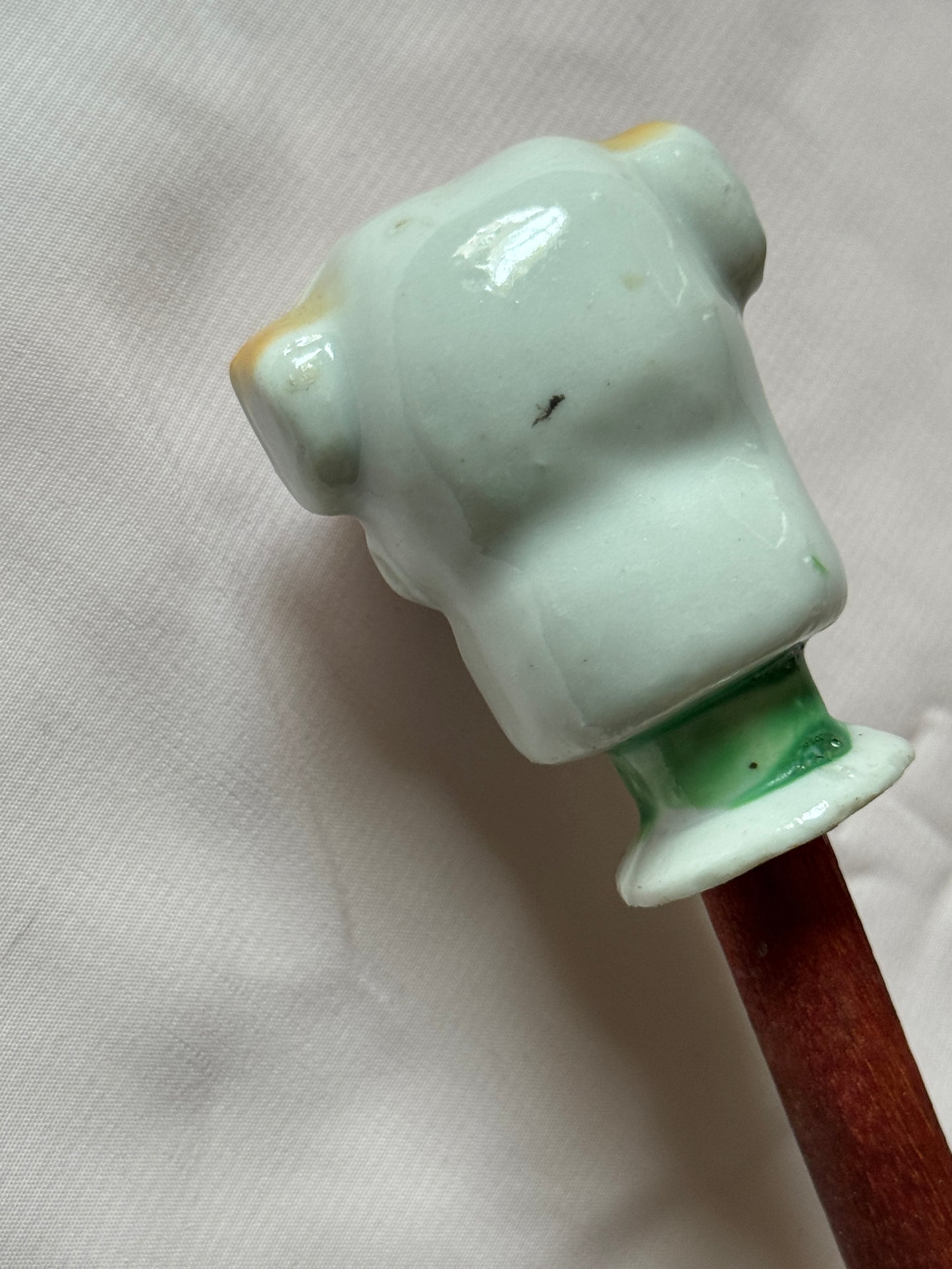 Ceramic Bulldog Head Carnival Cane - Topper and Stick, White and Tan with Green Collar, Red Stick