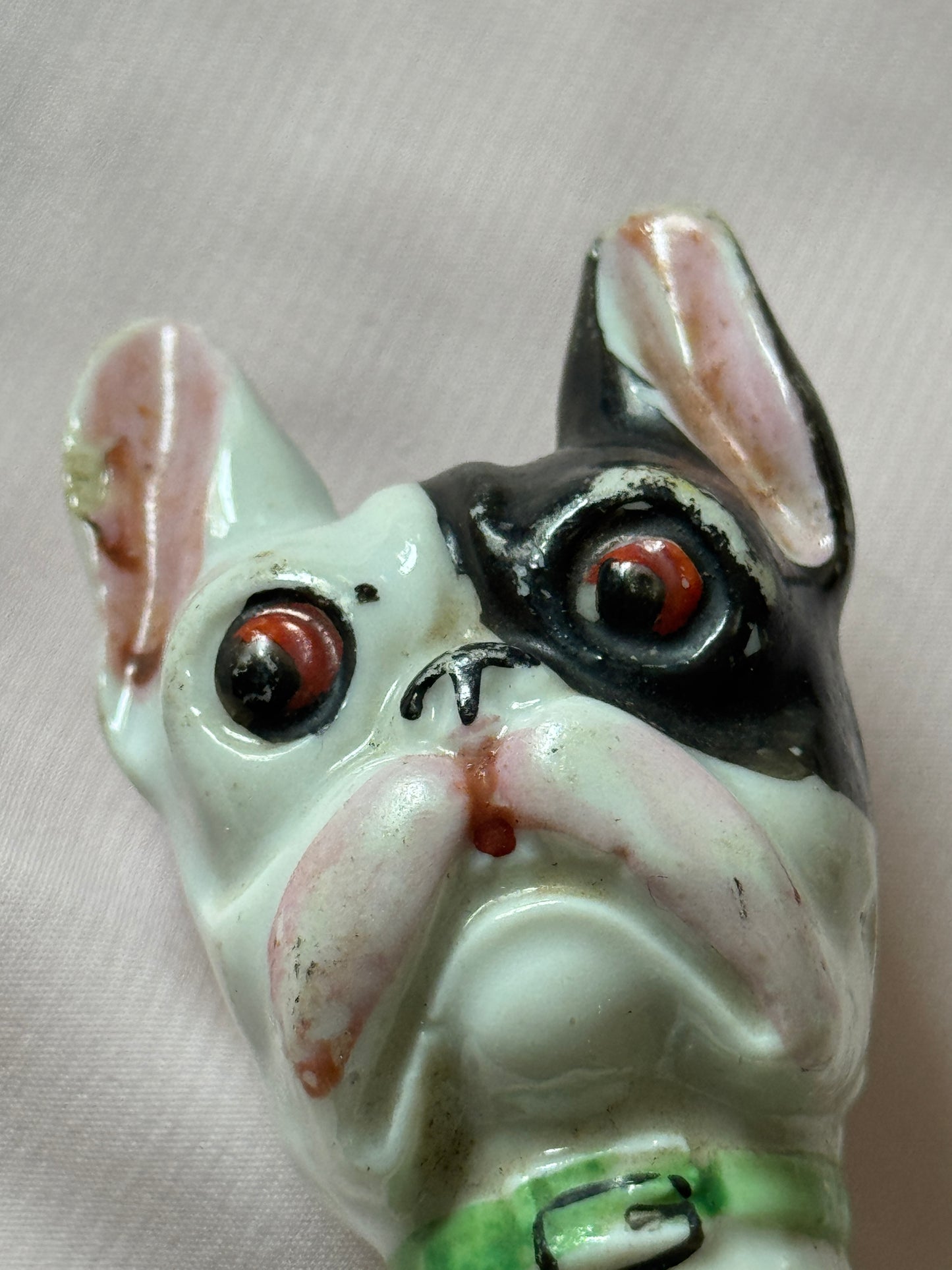 Ceramic French Bulldog Head Carnival Cane - Topper and Stick, Black and White with Green Collar, Grey Stick