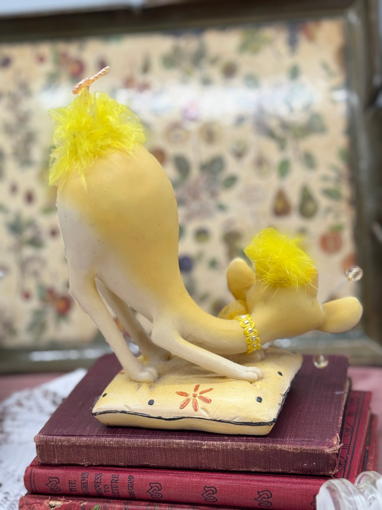 Vintage Yellow Whimsical Resin Cat Figurine Sitting on Pillow with Carved Fashion Portrait