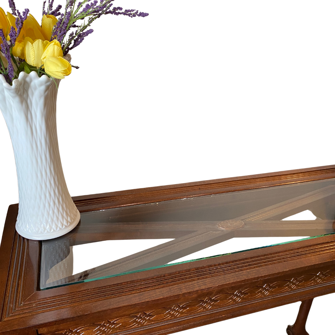 Glass Top Entry Table - With Carved Wood / Claw & Ball Feet