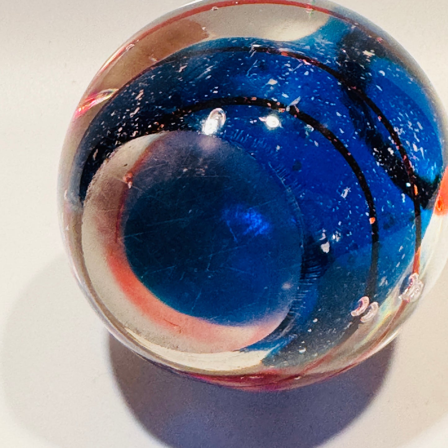 Clear, Blue, Orange Swirl Art Glass Paperweight