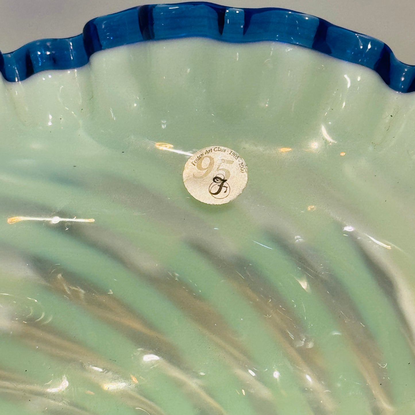 Fenton Glass Blue Crested Spiral Optic Bowl