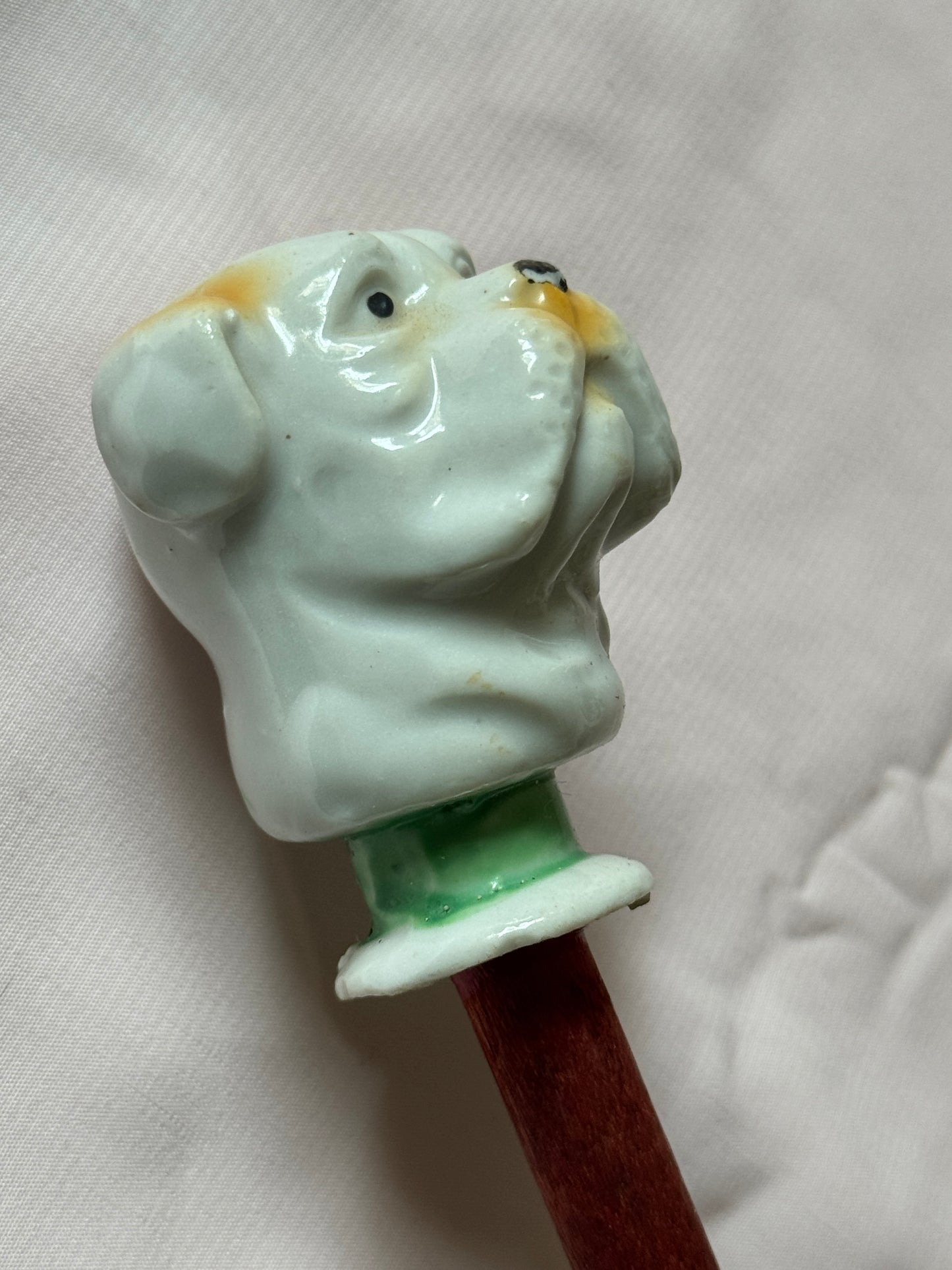 Ceramic Bulldog Head Carnival Cane - Topper and Stick, White and Tan with Green Collar, Red Stick