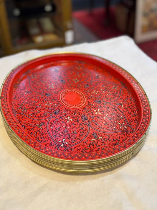 Set of (6) Six Mid Century Style Oval Tin Metal Serving Trays - Red / Gold / Purple Scroll Pattern