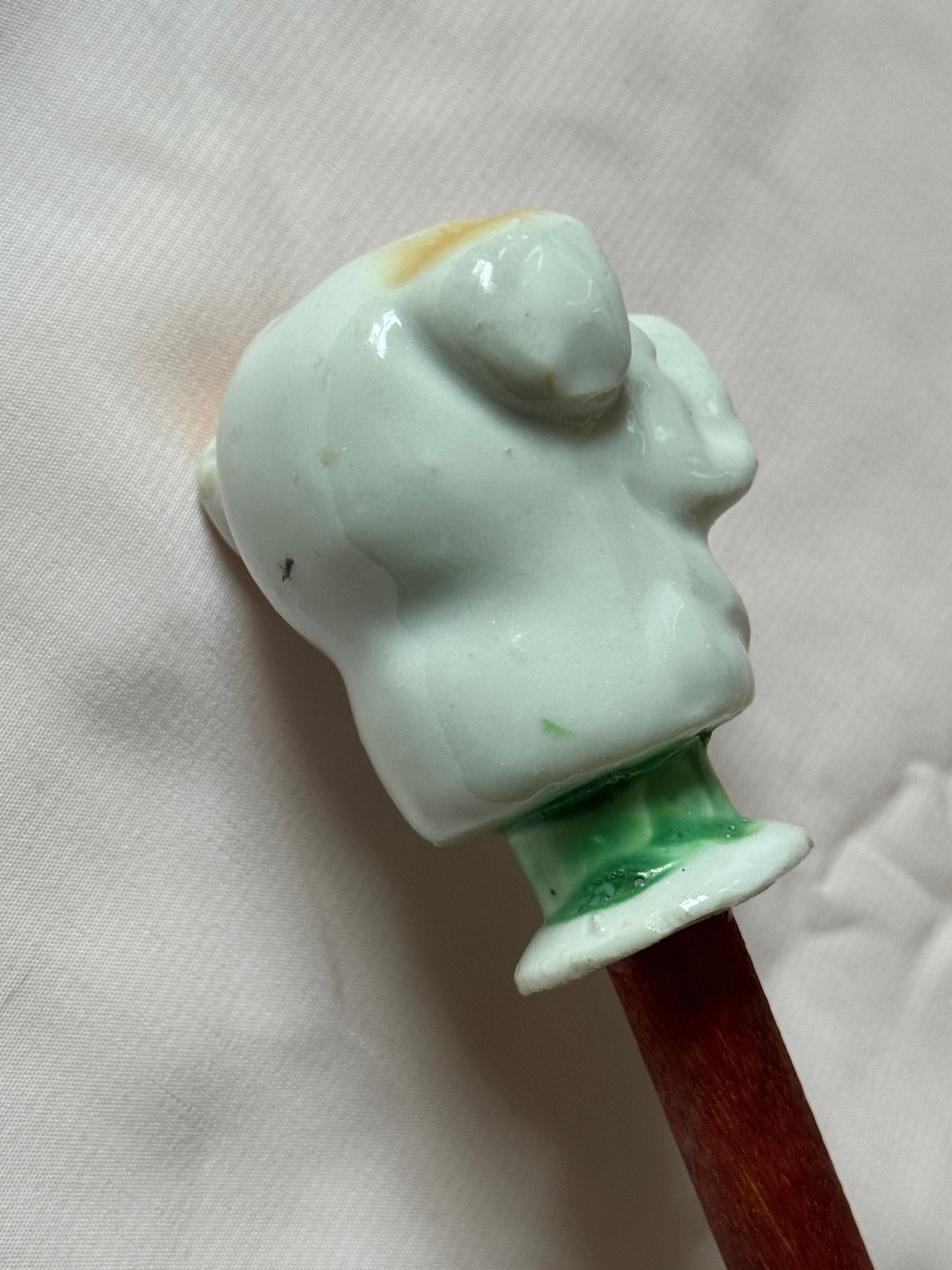 Ceramic Bulldog Head Carnival Cane - Topper and Stick, White and Tan with Green Collar, Red Stick