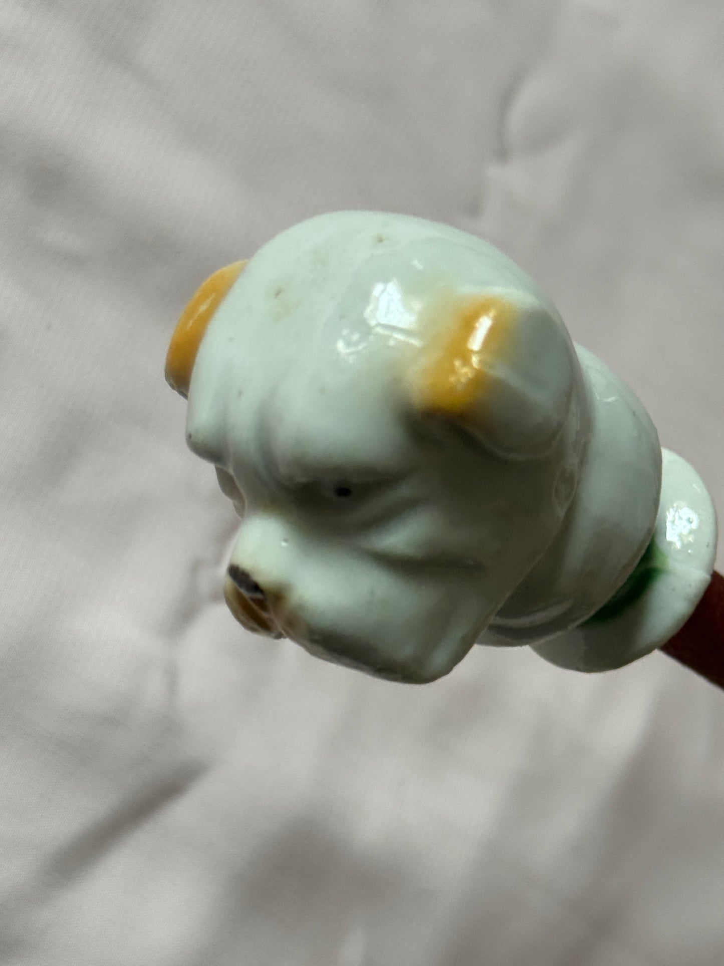 Ceramic Bulldog Head Carnival Cane - Topper and Stick, White and Tan with Green Collar, Red Stick