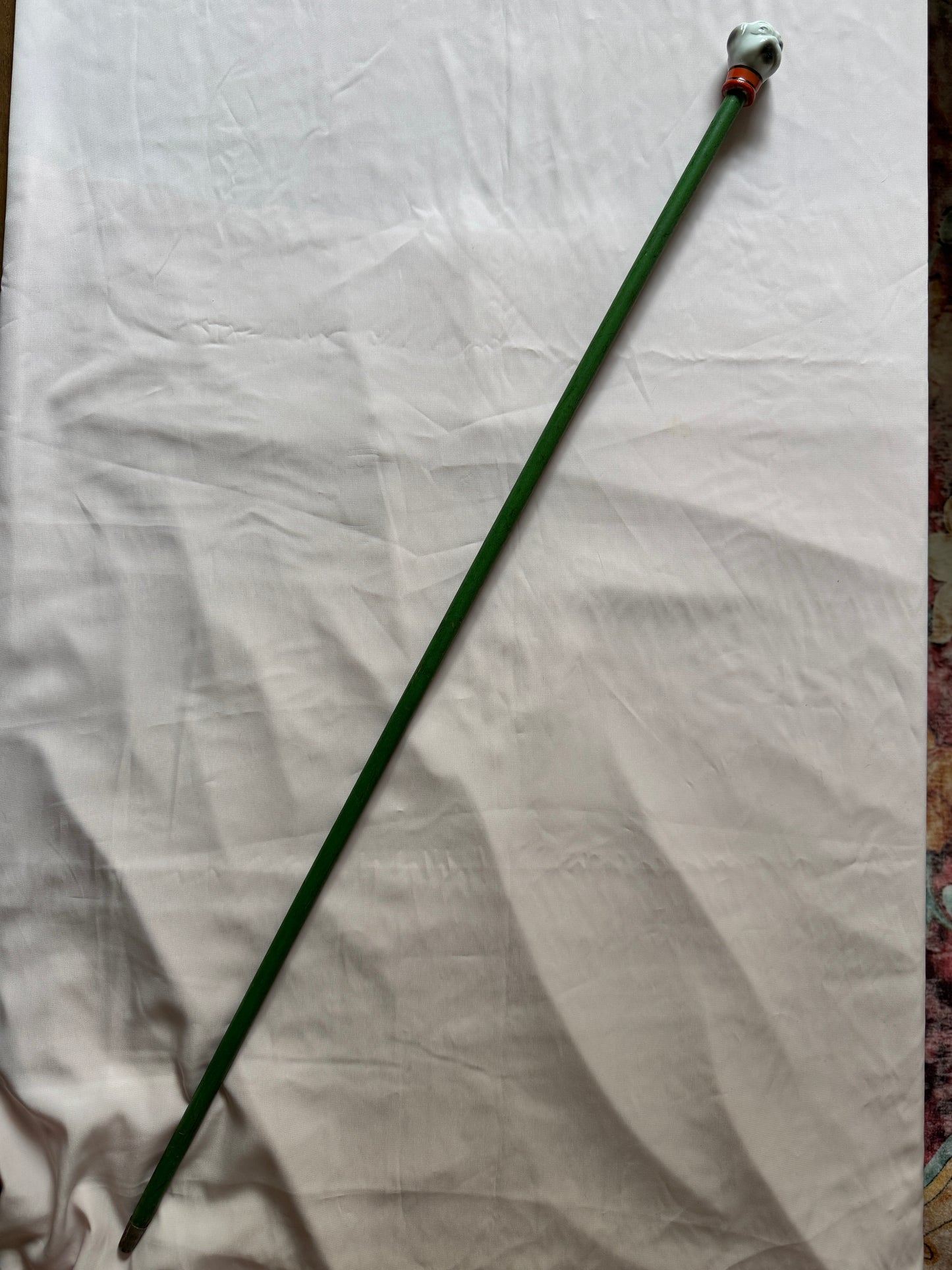 Ceramic Bulldog Head Carnival Cane - Topper and Stick, Grey and White with Orange Collar, Green Stick