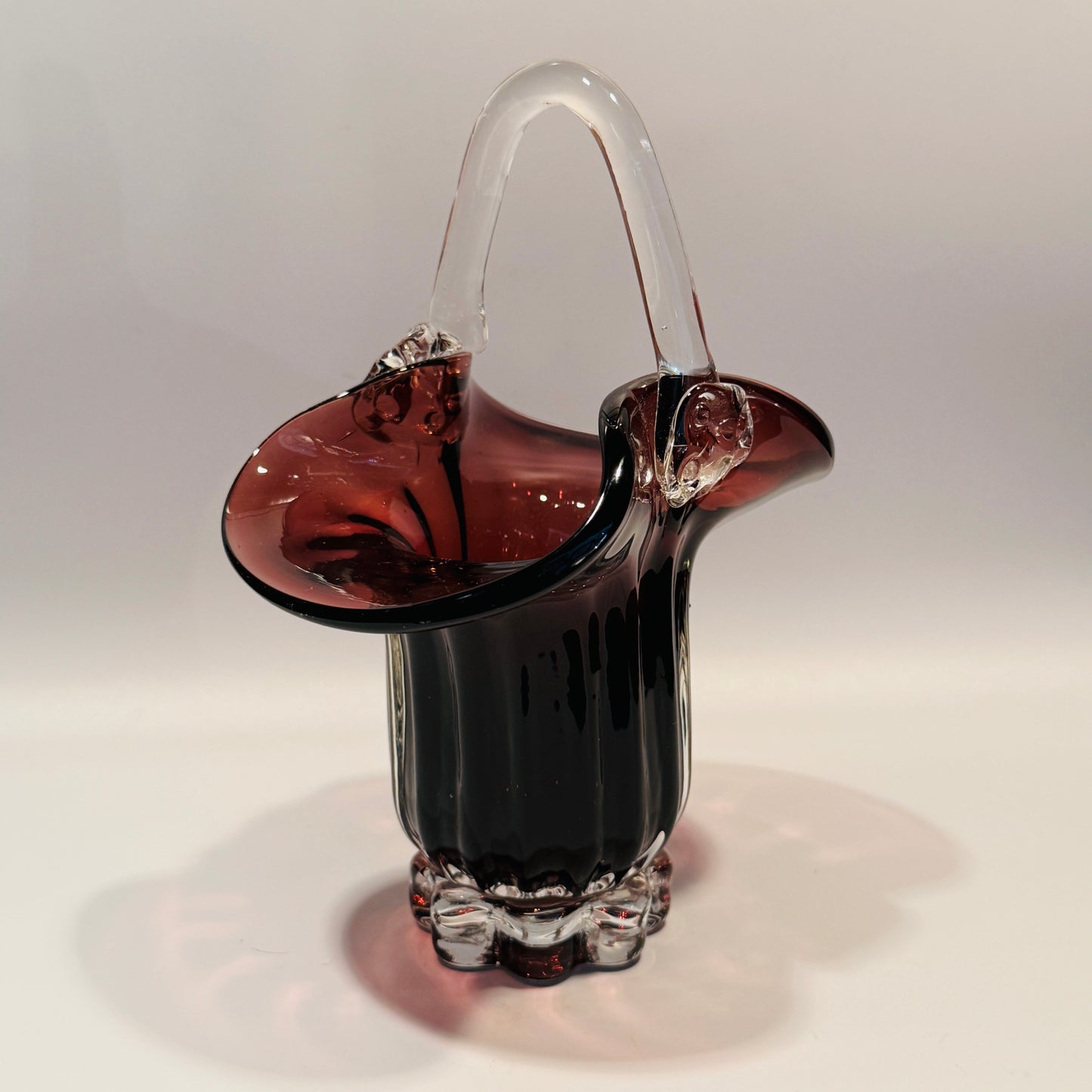Vintage Amethyst Glass Basket Clear Glass Handle and Base