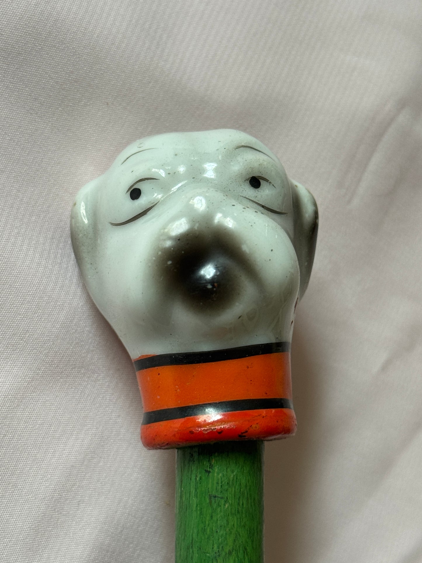 Ceramic Bulldog Head Carnival Cane - Topper and Stick, Grey and White with Orange Collar, Green Stick