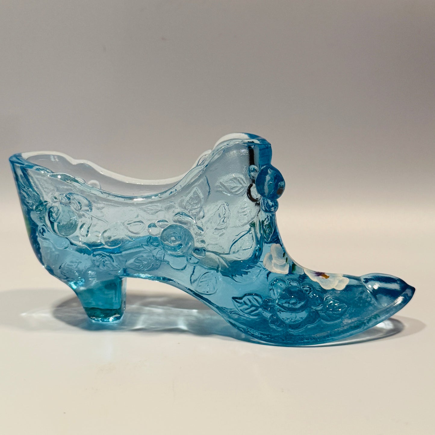 Fenton Handpainted Daisy Button Blue Floral Glass Shoe