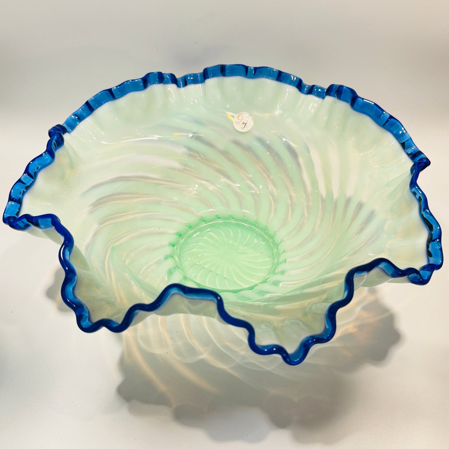 Fenton Glass Blue Crested Spiral Optic Bowl