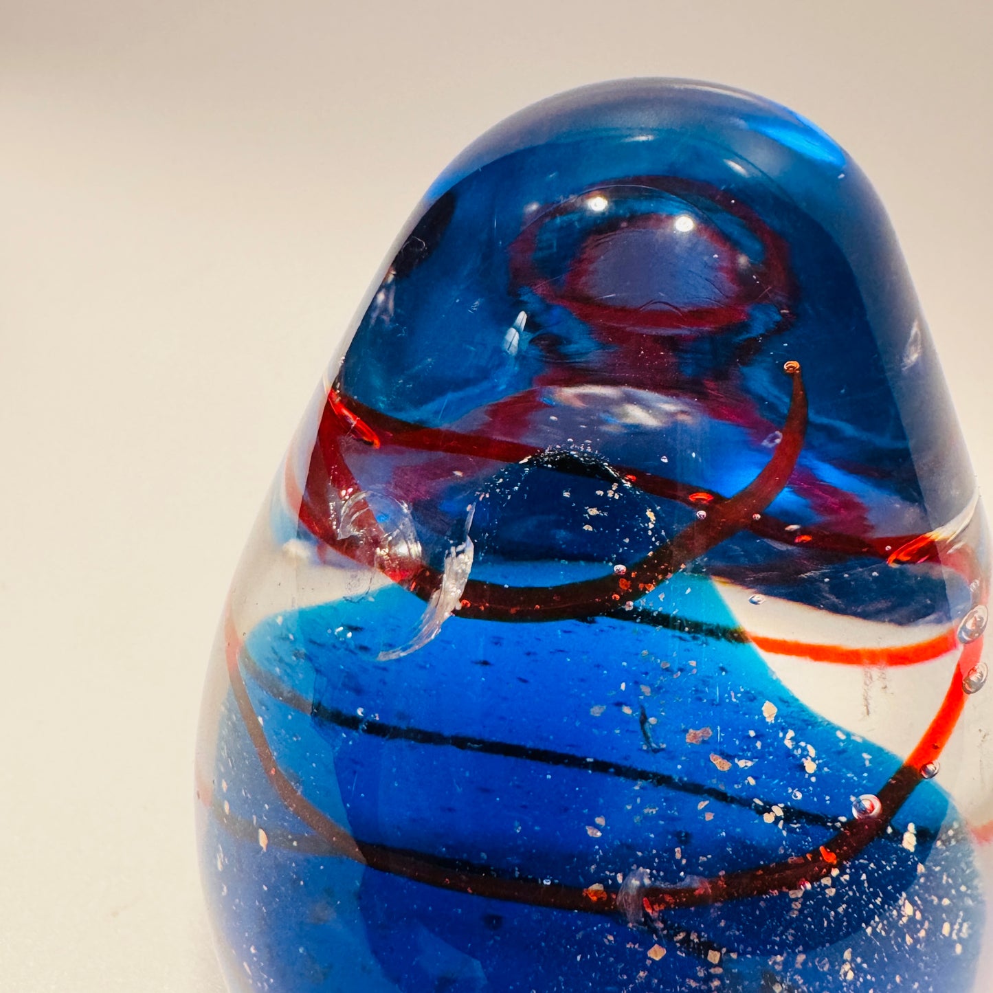 Clear, Blue, Orange Swirl Art Glass Paperweight