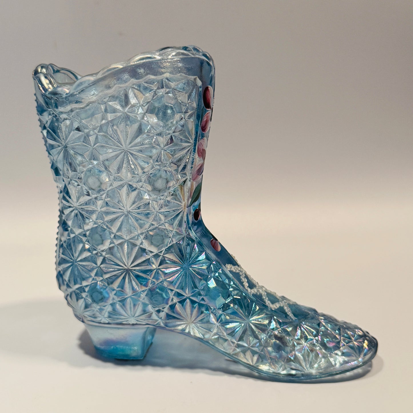 Fenton Handpainted Daisy Button Blue Floral Glass Boot