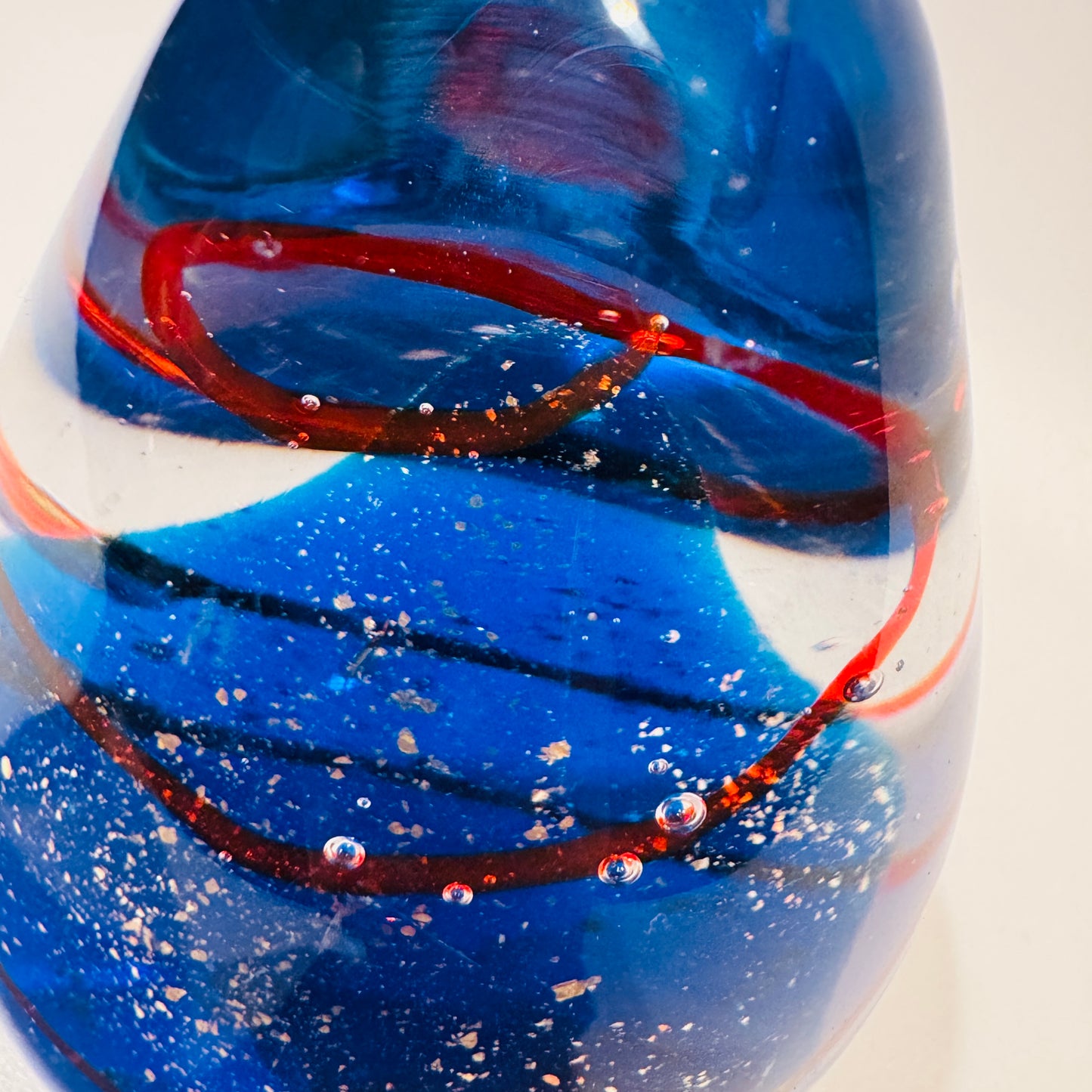 Clear, Blue, Orange Swirl Art Glass Paperweight