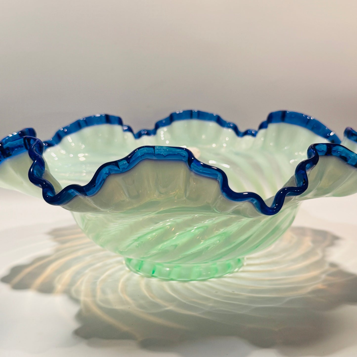 Fenton Glass Blue Crested Spiral Optic Bowl