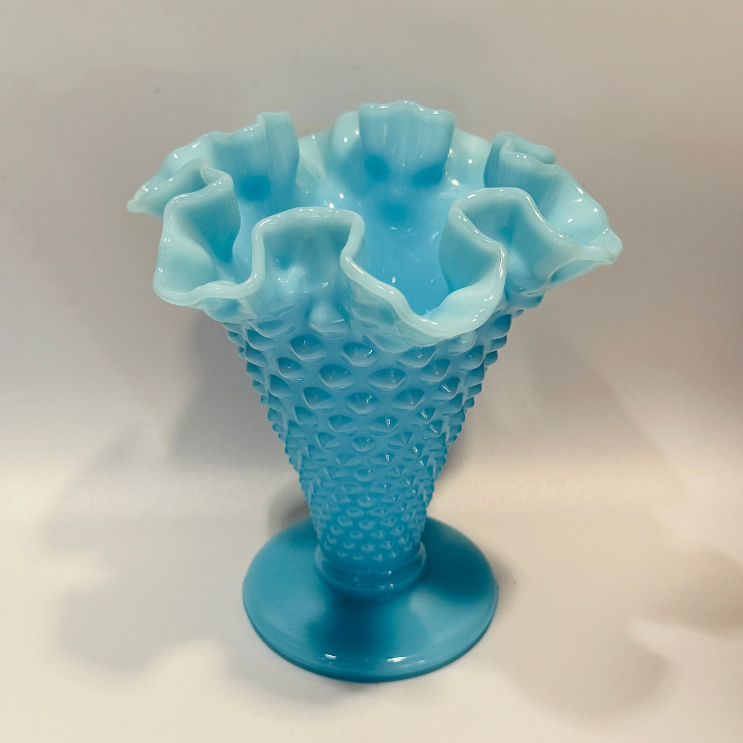 Fenton Blue Milk Glass Hobnail Ruffled Edge Vase