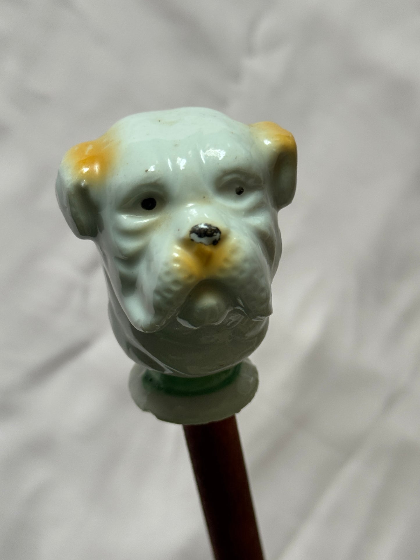 Ceramic Bulldog Head Carnival Cane - Topper and Stick, White and Tan with Green Collar, Red Stick