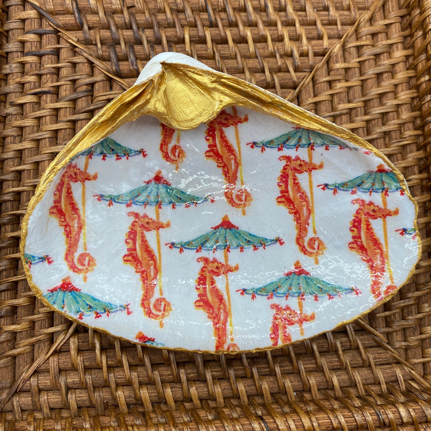 Large Clam Shell Gilded Decoupage, Trinket Dish, Jewelry Tray, Gift, Ornament, Event Favor