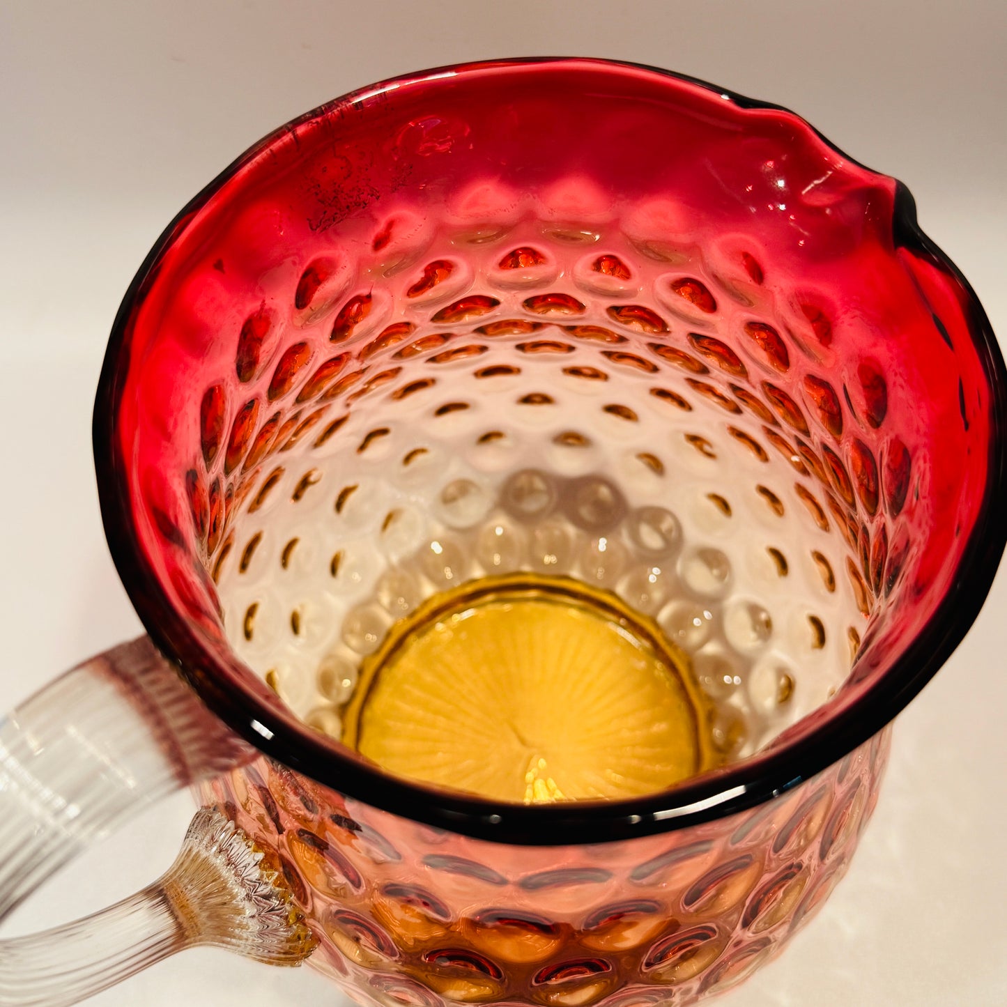 Amberina Glass Coin Dot Pitcher with Clear Handle