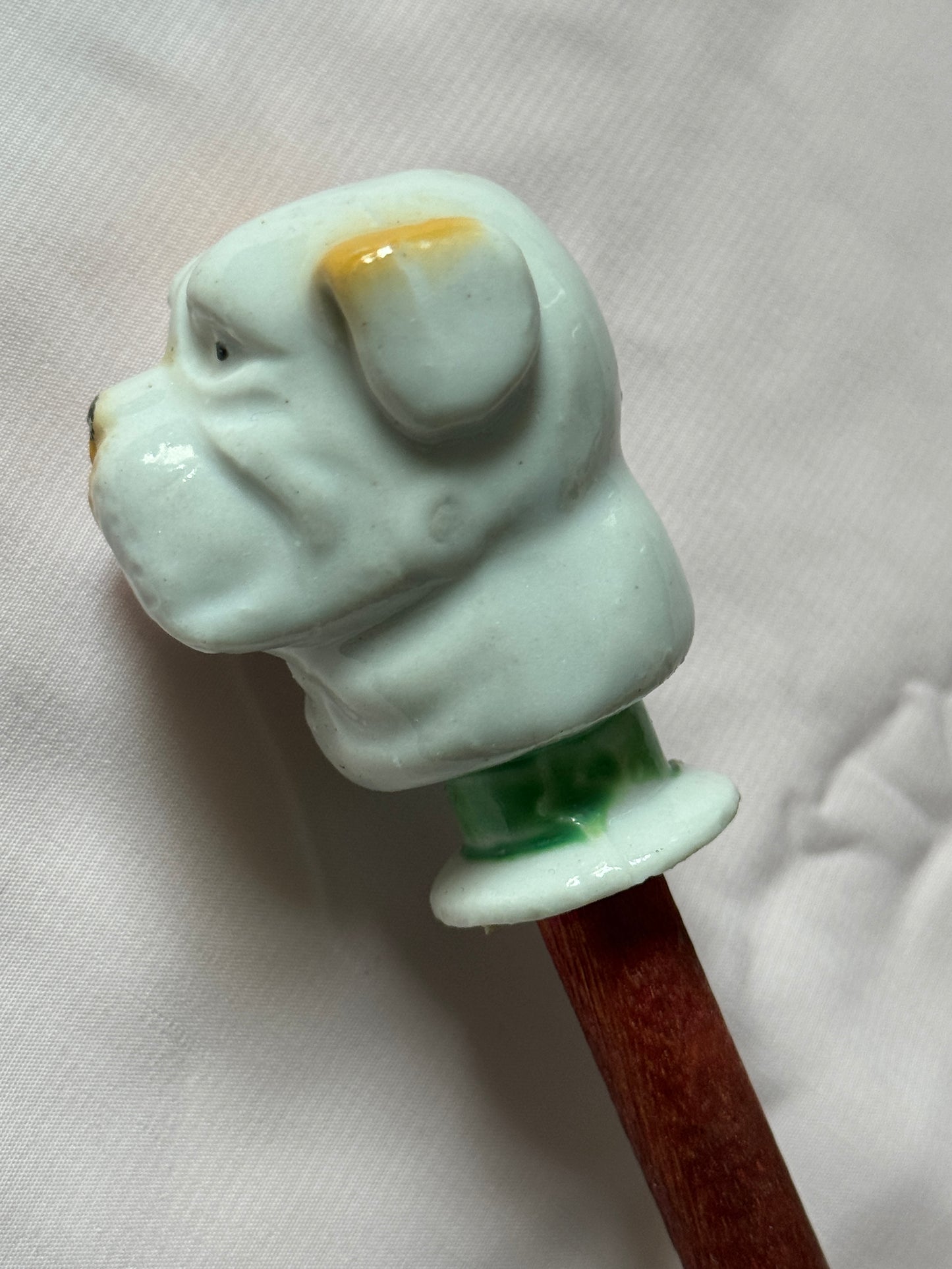 Ceramic Bulldog Head Carnival Cane - Topper and Stick, White and Tan with Green Collar, Red Stick