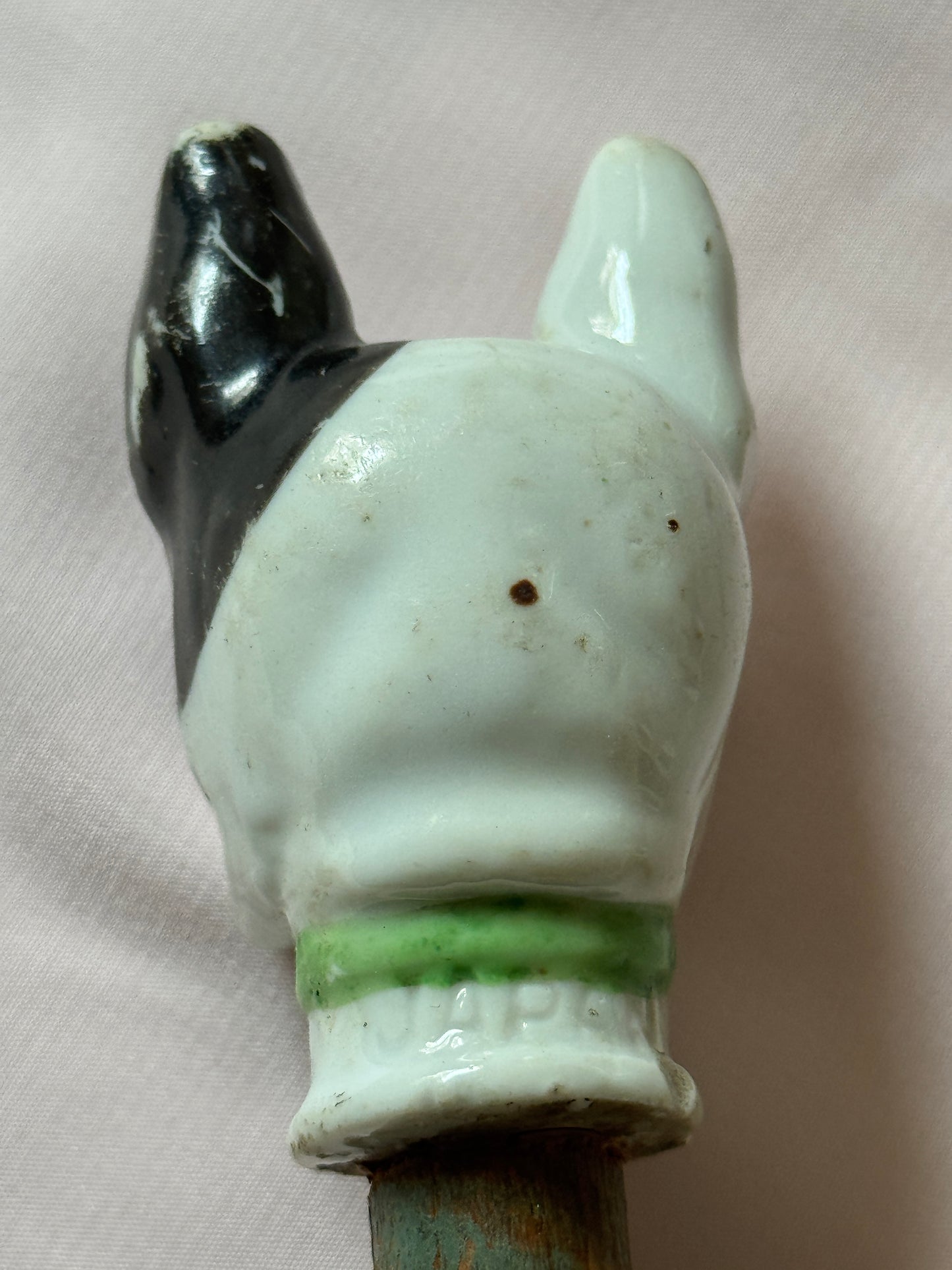 Ceramic French Bulldog Head Carnival Cane - Topper and Stick, Black and White with Green Collar, Grey Stick