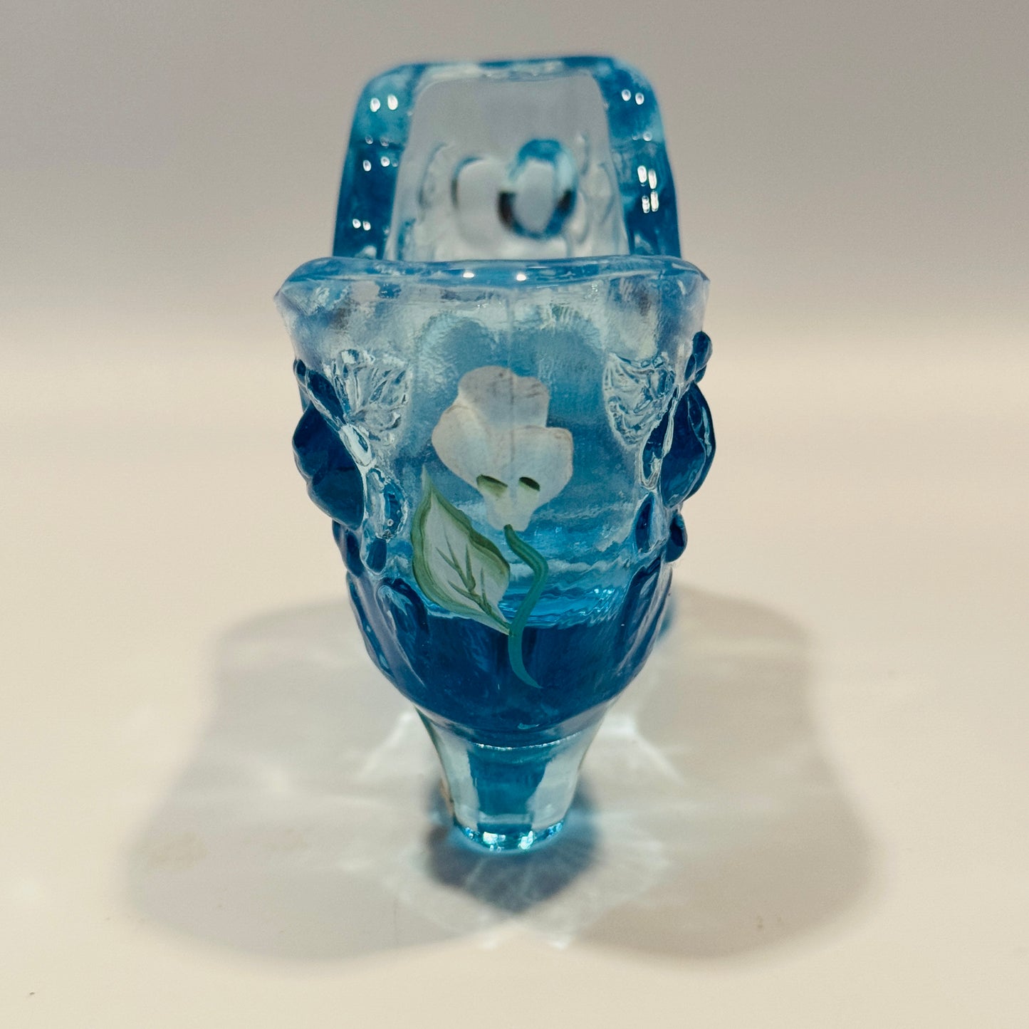 Fenton Handpainted Daisy Button Blue Floral Glass Shoe