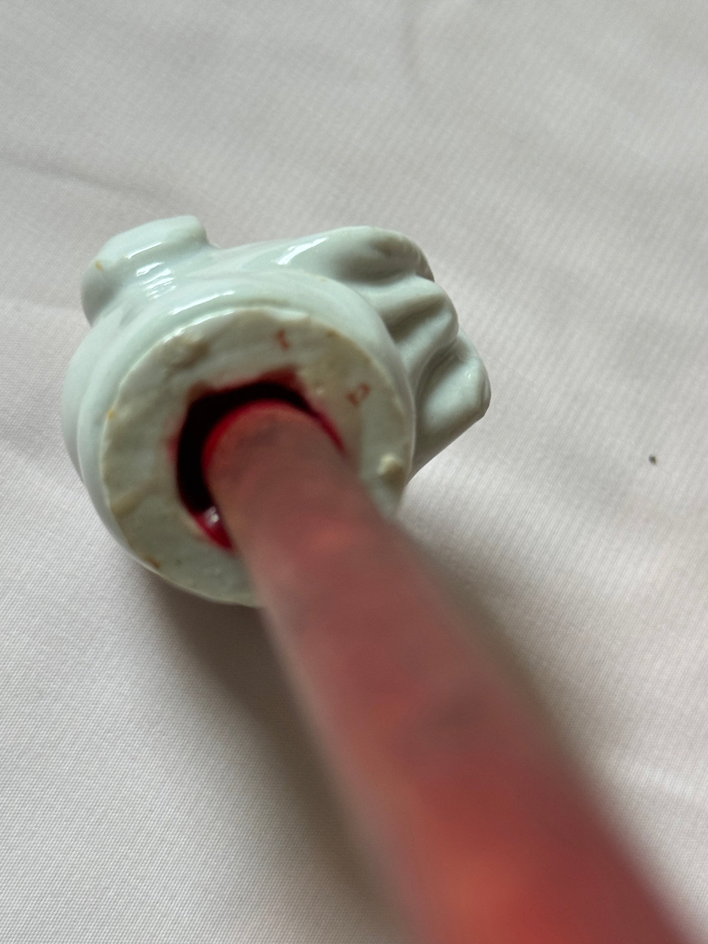 Ceramic Bulldog Head Carnival Cane - Topper and Stick, White and Tan with Green Collar, Red Stick