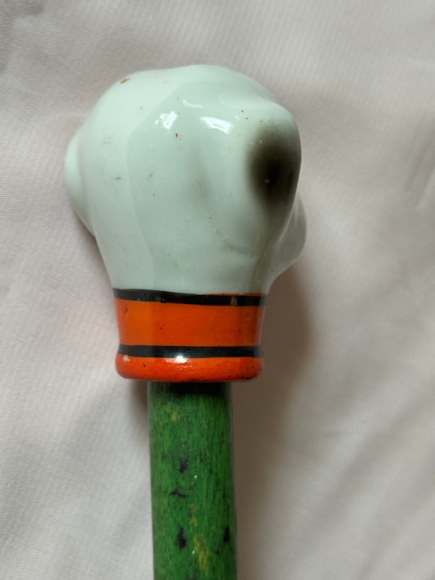Ceramic Bulldog Head Carnival Cane - Topper and Stick, Grey and White with Orange Collar, Green Stick
