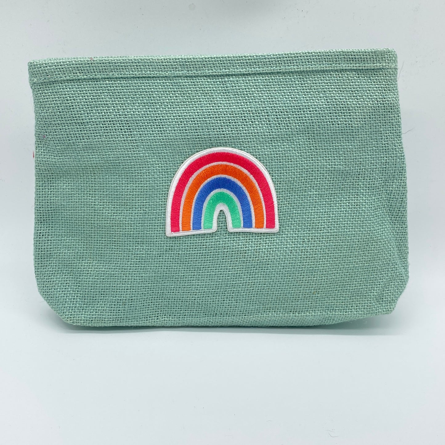 Light Teal Burlap Zipper Pouch with Rainbow Patch