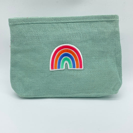 Light Teal Burlap Zipper Pouch with Rainbow Patch