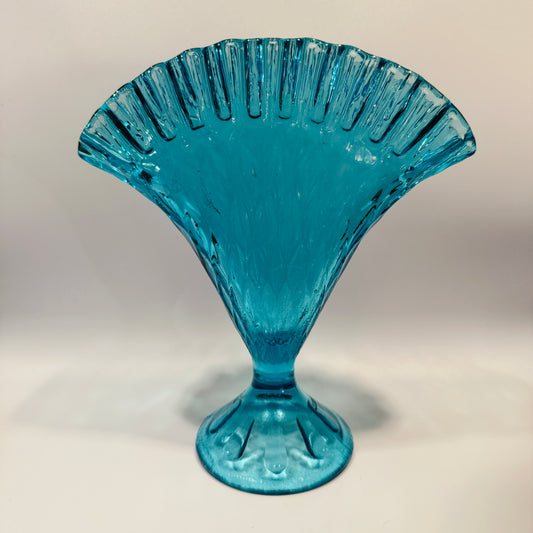 Fenton Art Glass Colonial Blue Optic Pattern Vase with Ruffled Edge