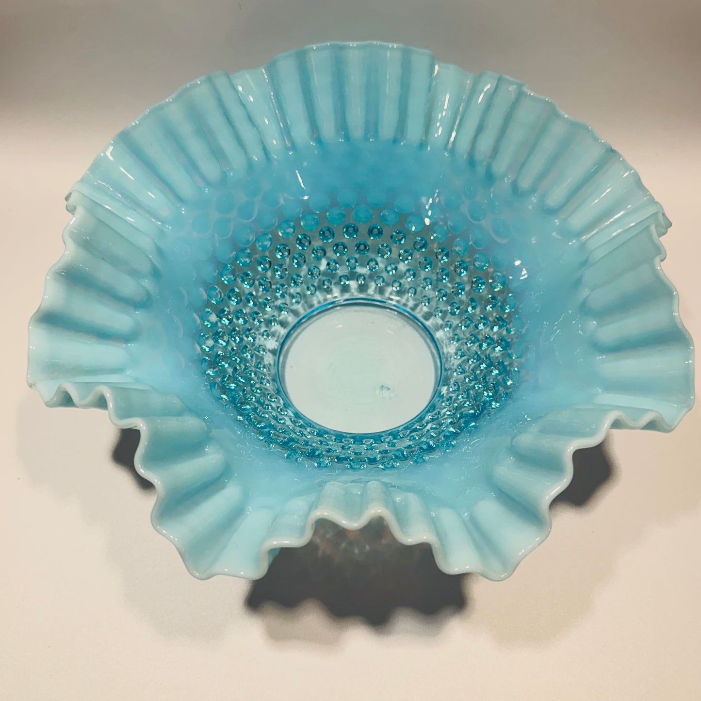 Fenton Blue Opalescent Hobnail Ruffed Edge Bowl