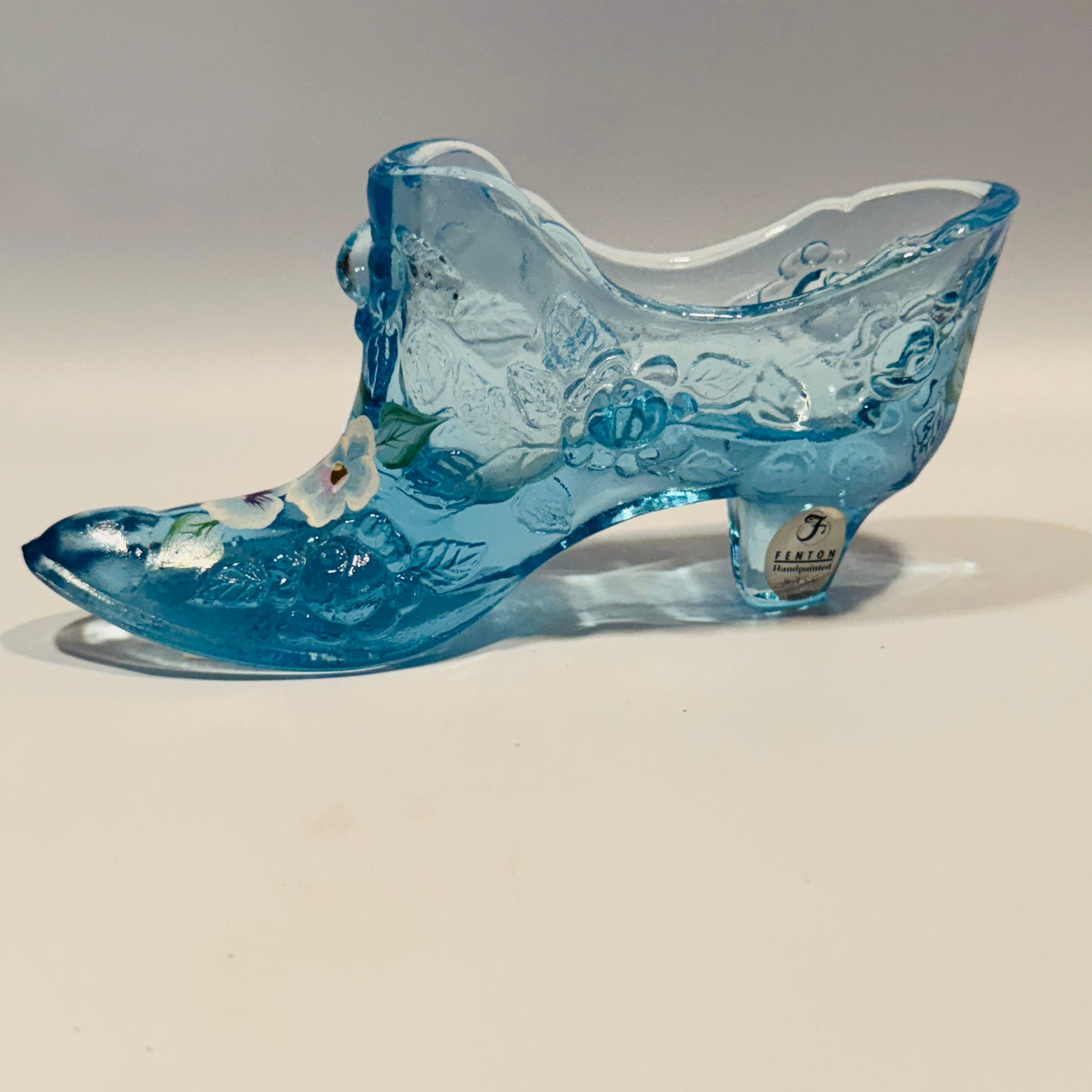 Fenton Handpainted Daisy Button Blue Floral Glass Shoe