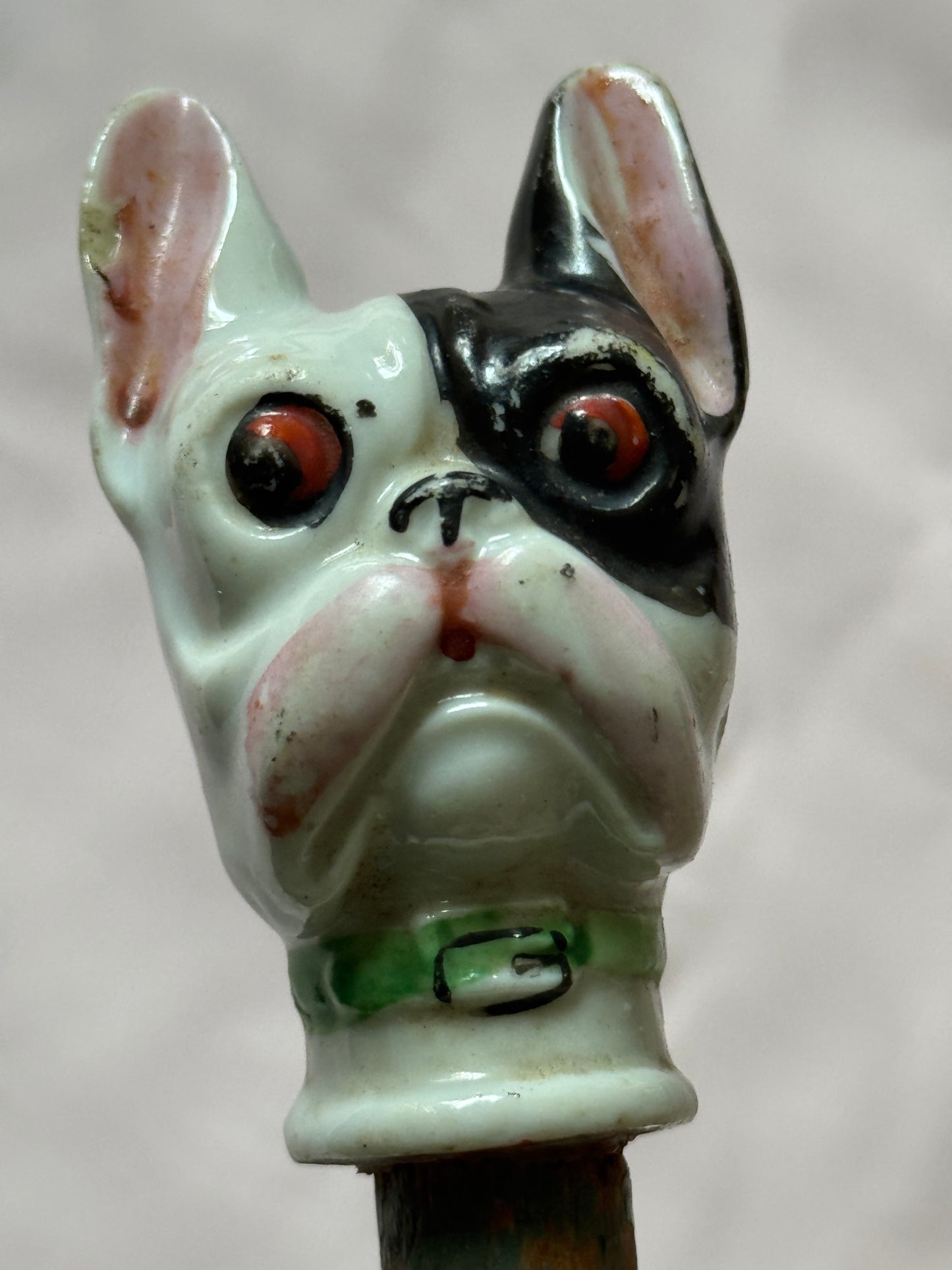 Ceramic French Bulldog Head Carnival Cane - Topper and Stick, Black and White with Green Collar, Grey Stick