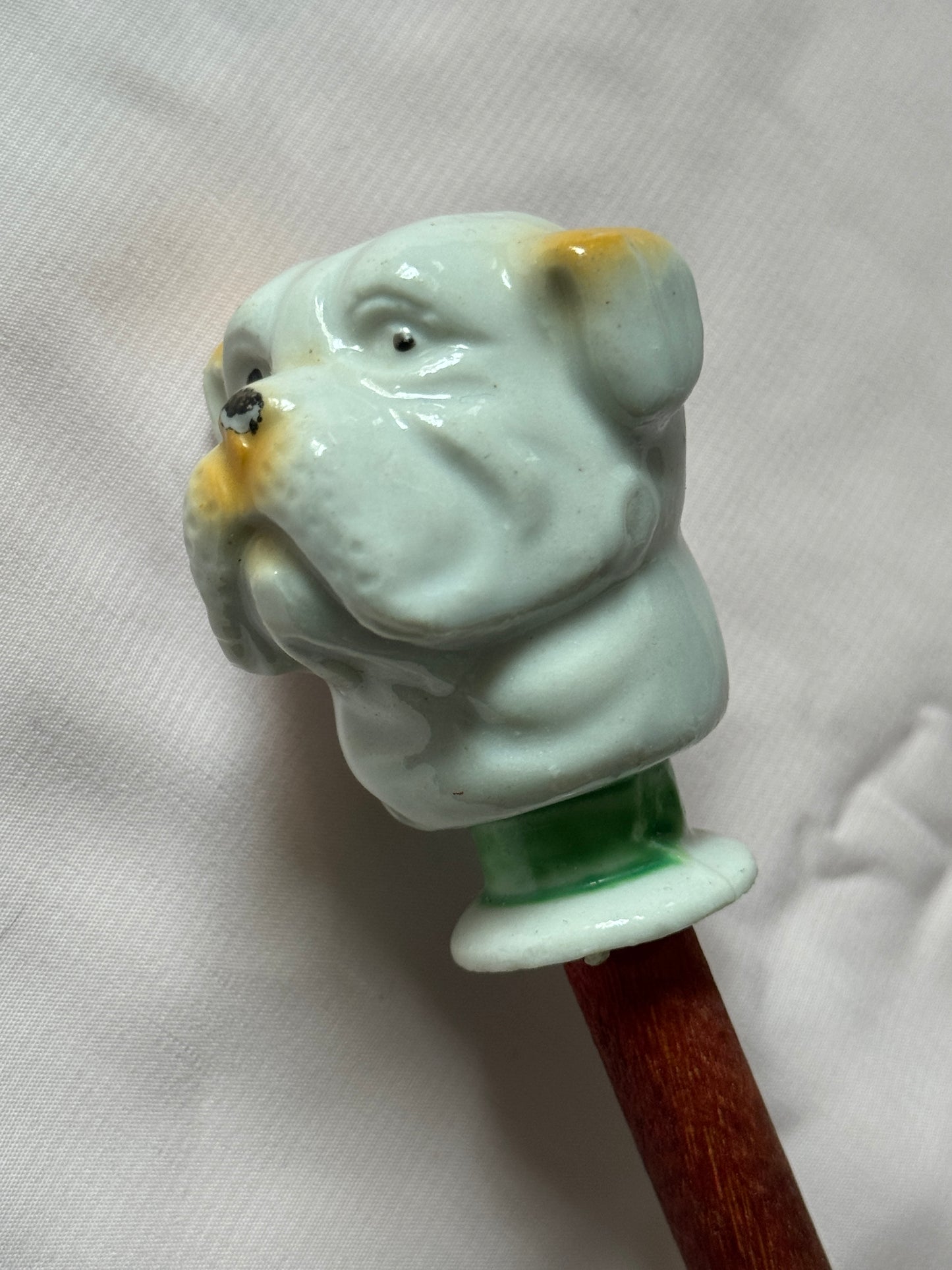 Ceramic Bulldog Head Carnival Cane - Topper and Stick, White and Tan with Green Collar, Red Stick