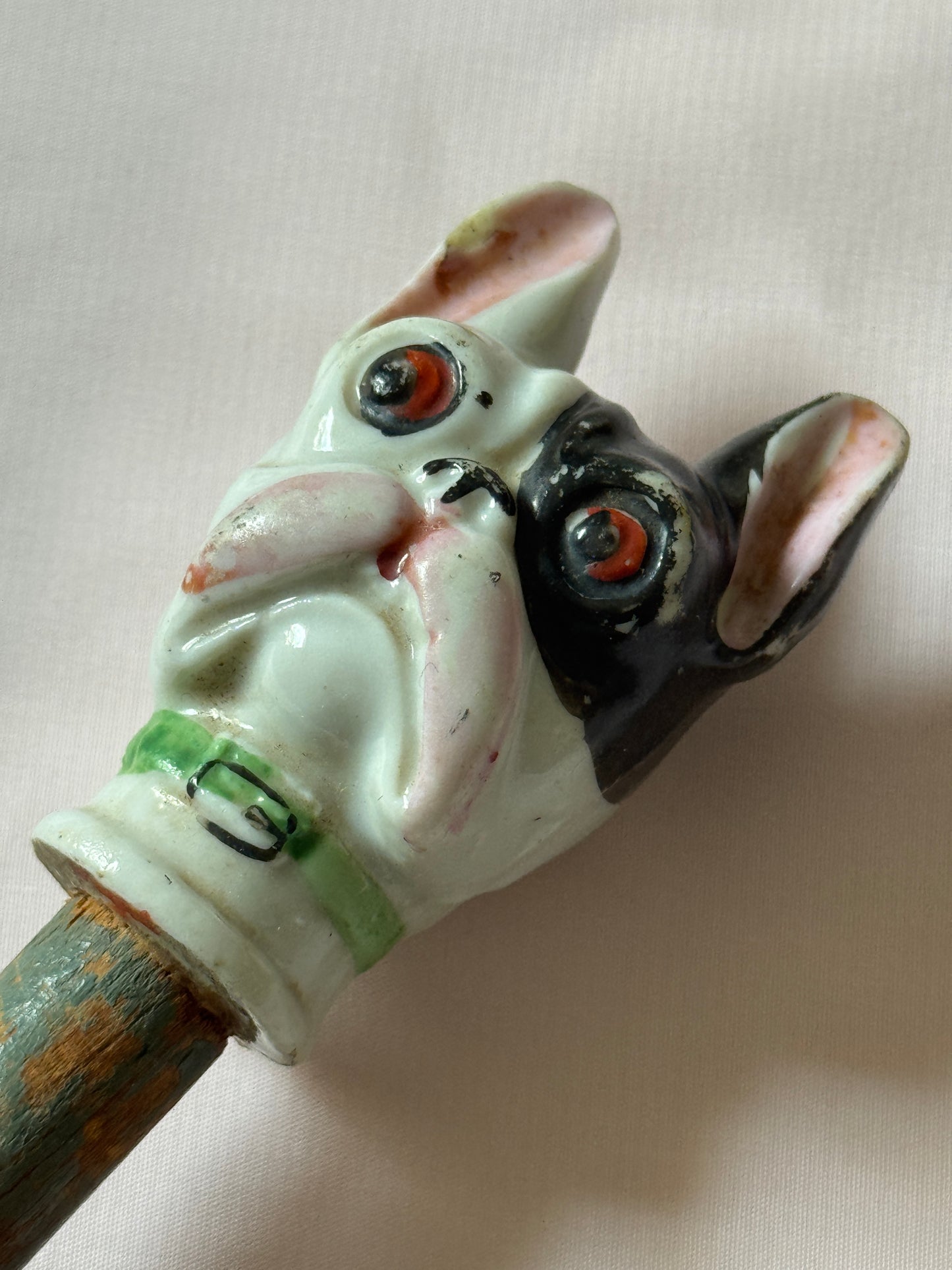 Ceramic French Bulldog Head Carnival Cane - Topper and Stick, Black and White with Green Collar, Grey Stick