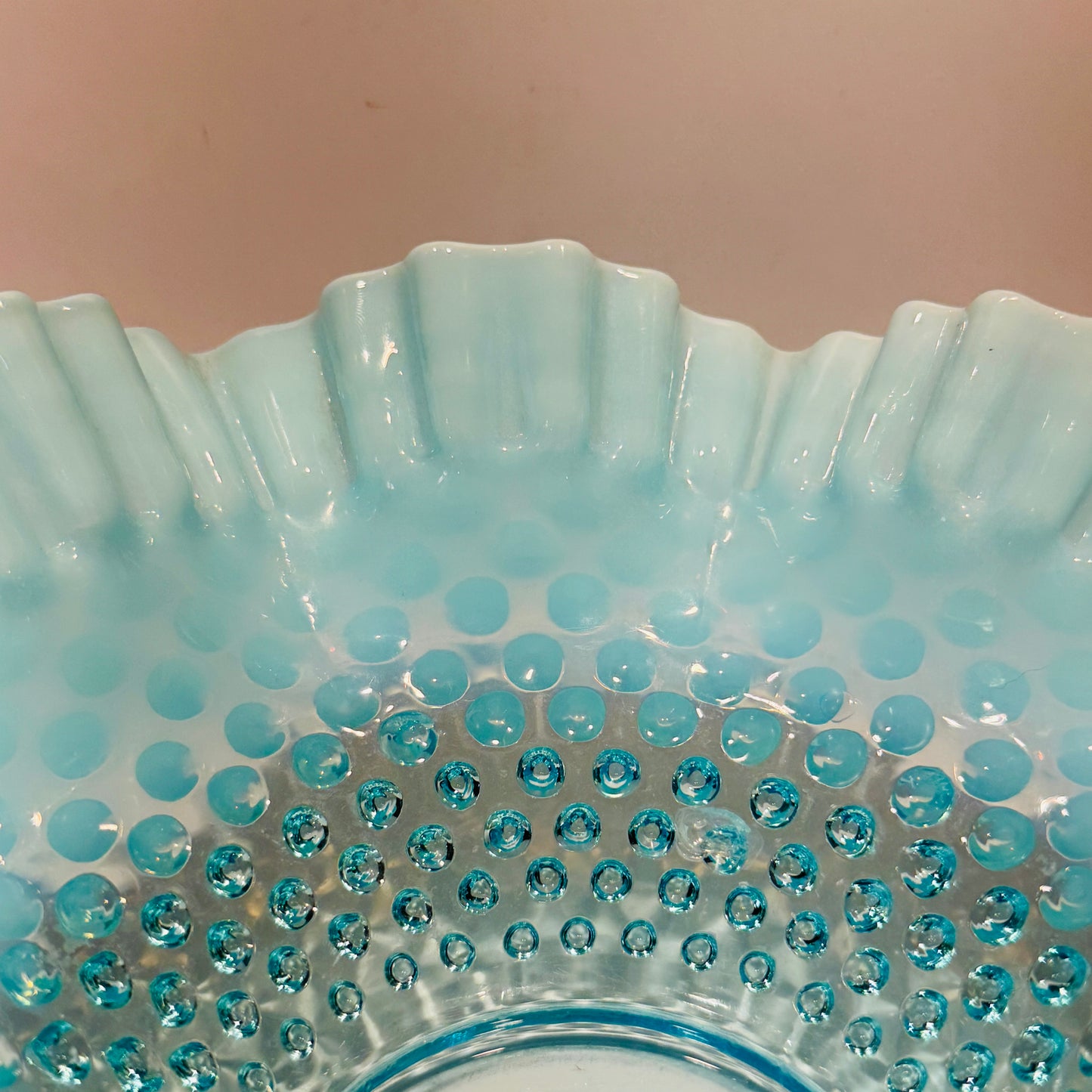 Fenton Blue Opalescent Hobnail Ruffed Edge Bowl