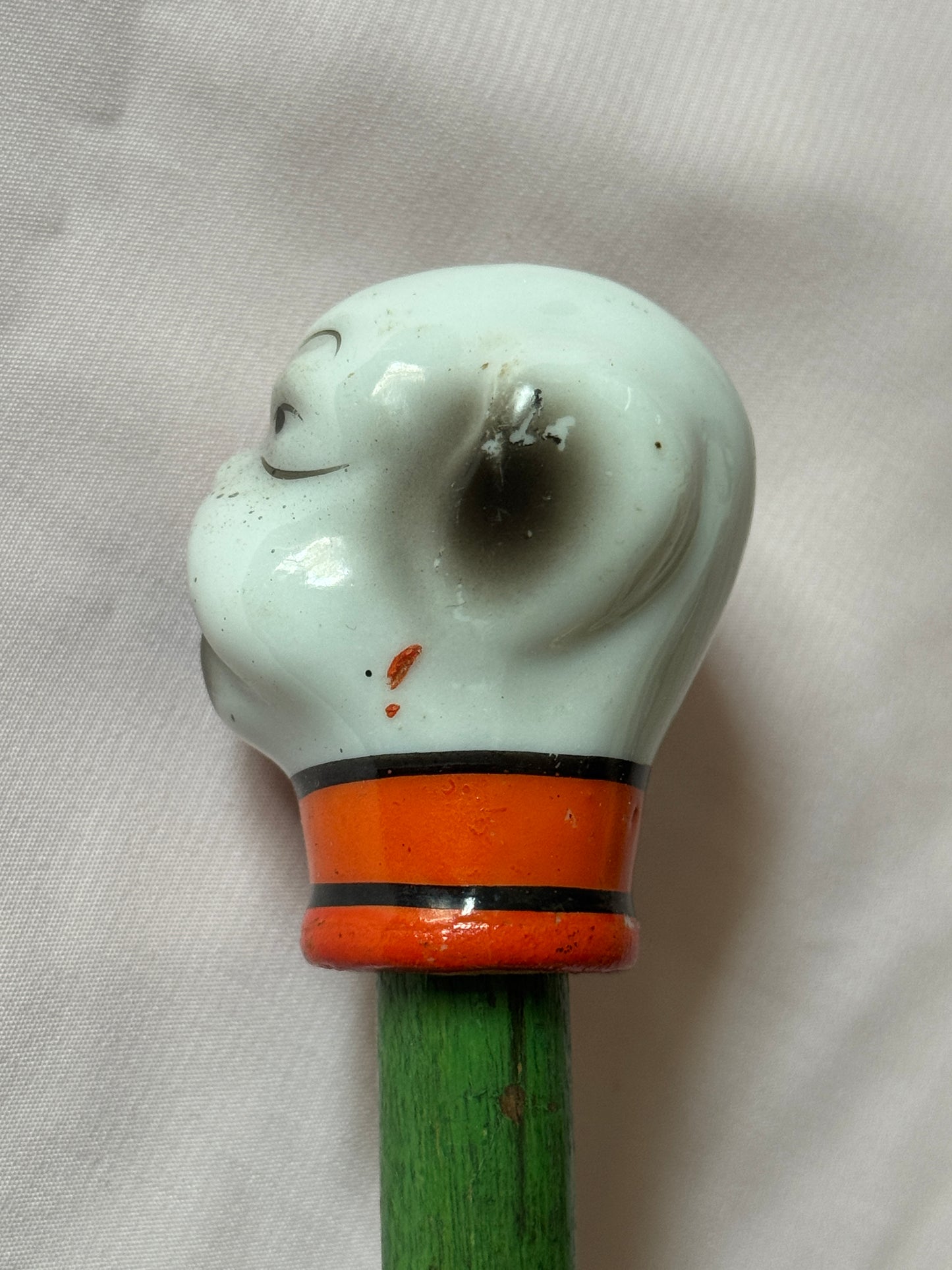 Ceramic Bulldog Head Carnival Cane - Topper and Stick, Grey and White with Orange Collar, Green Stick