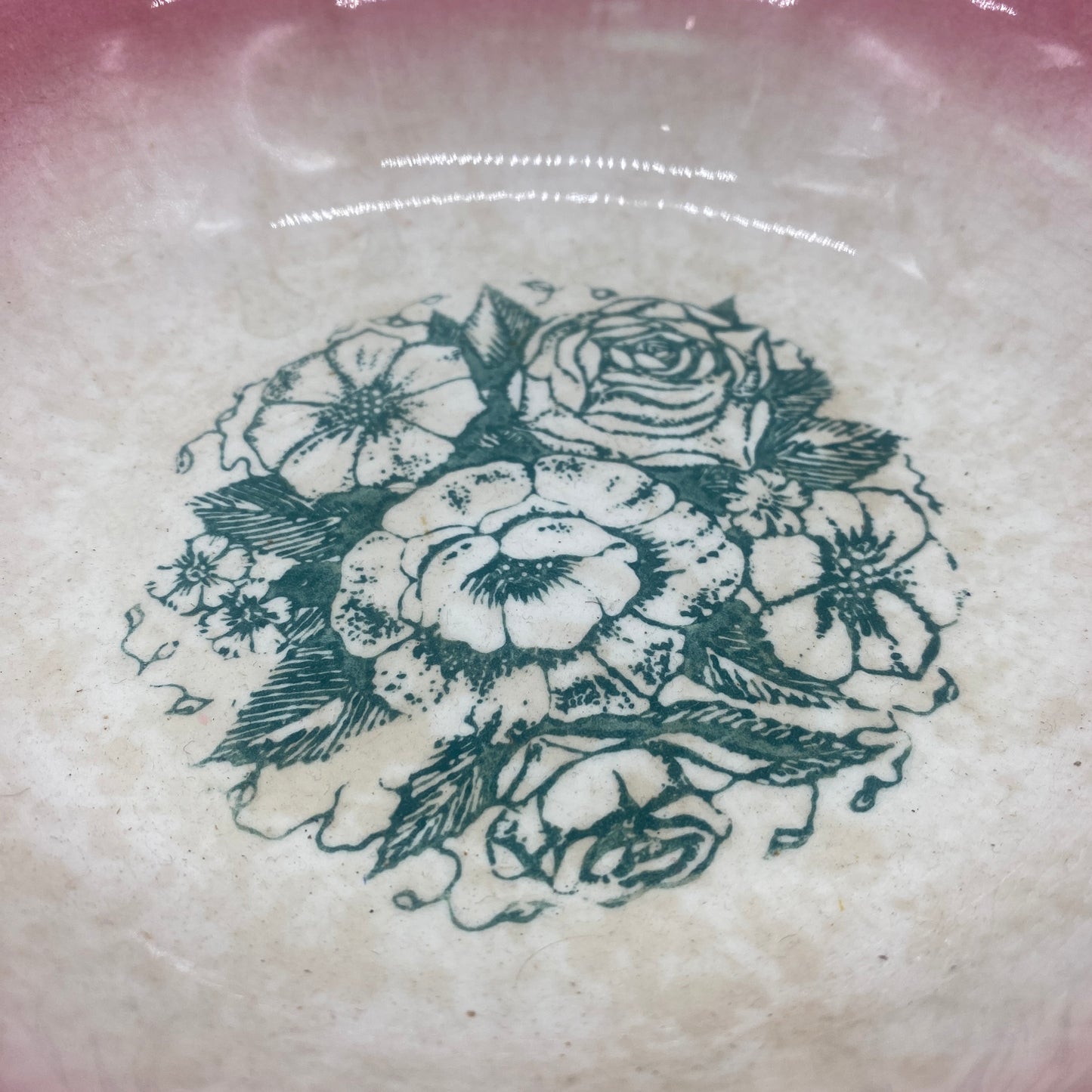 Decorative Pink Border and Green Floral Bowl