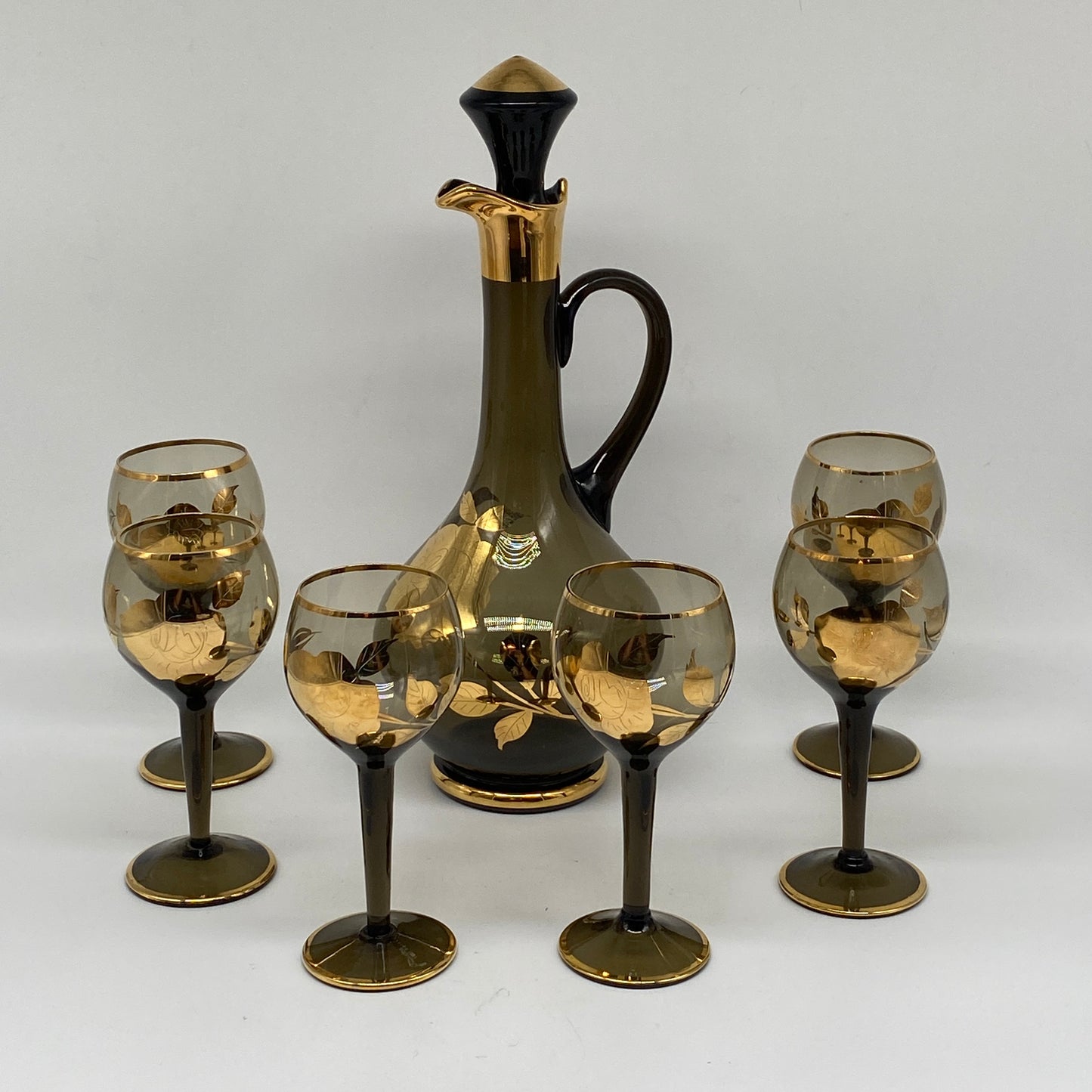 Mid Century Smoke and Gilt Decanter Set - 5 Pieces