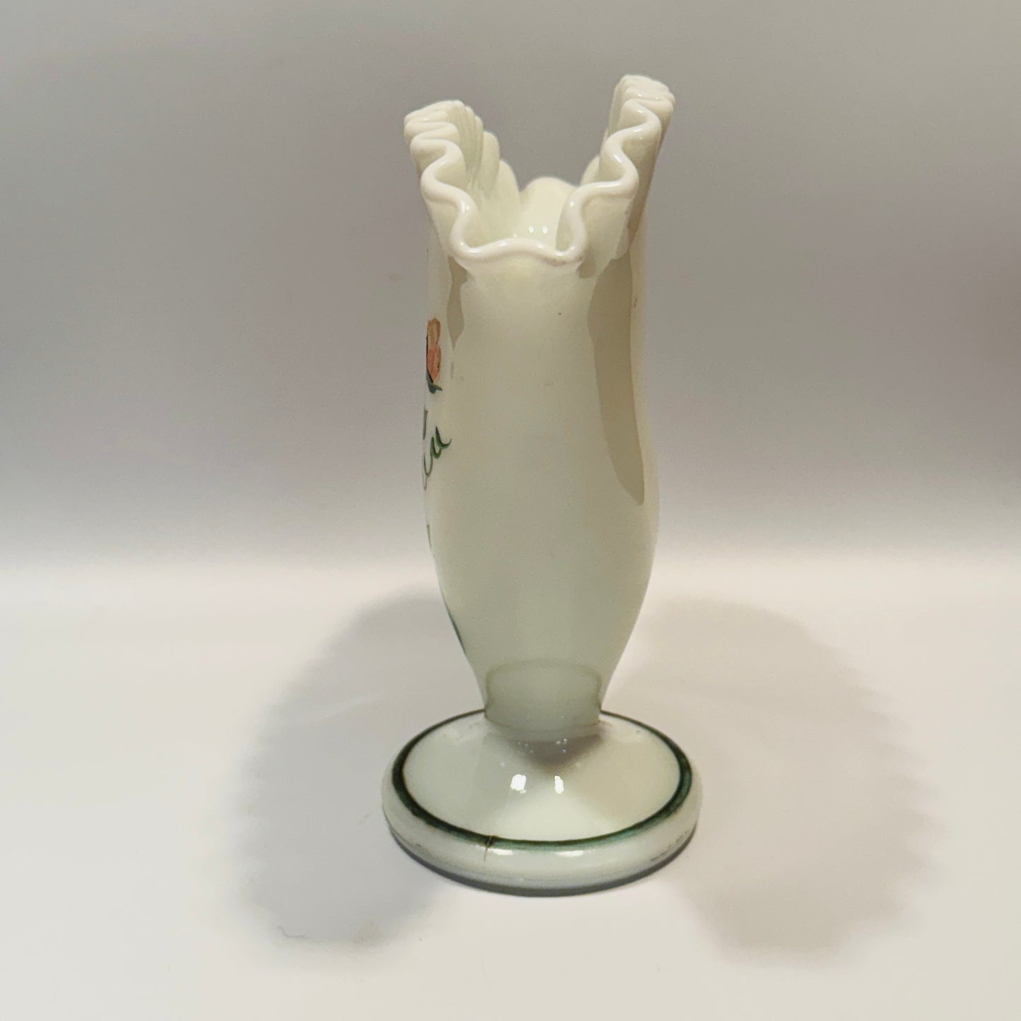 Milk Glass Hand Painted Floral Fan Vase