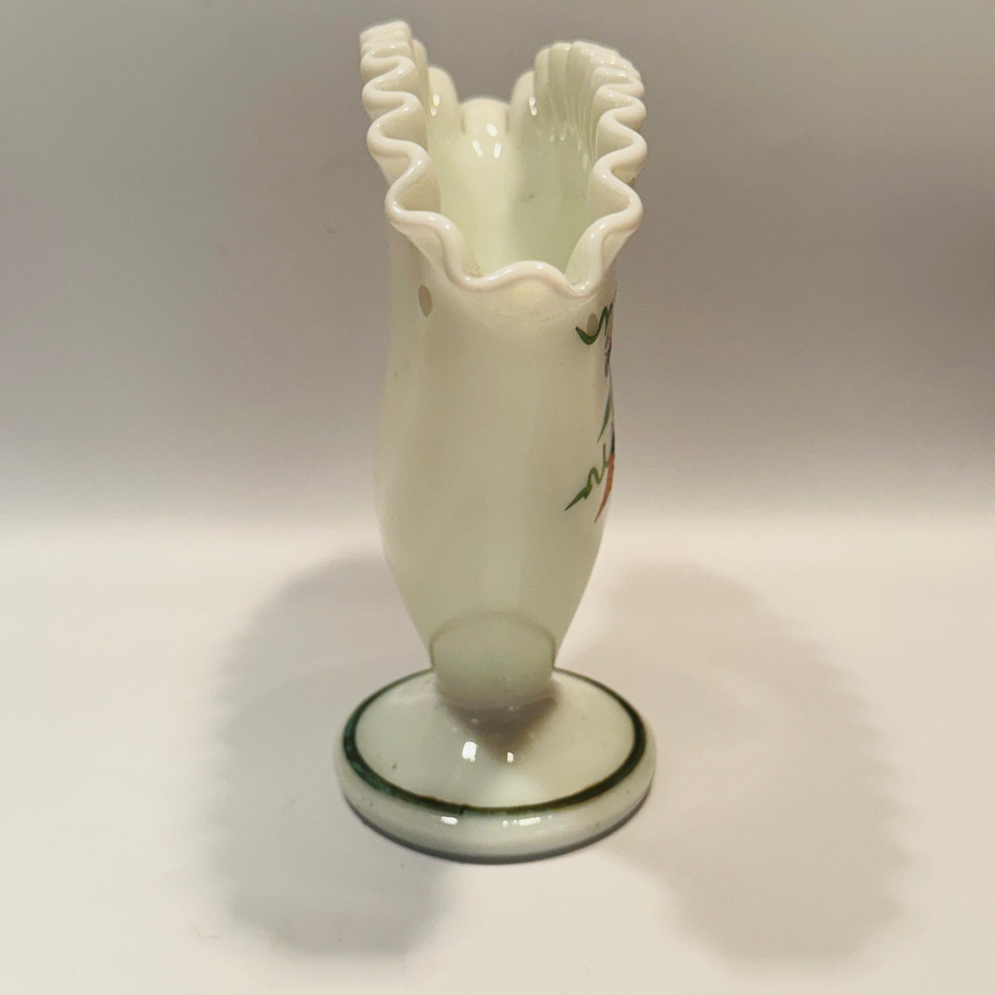 Milk Glass Hand Painted Floral Fan Vase