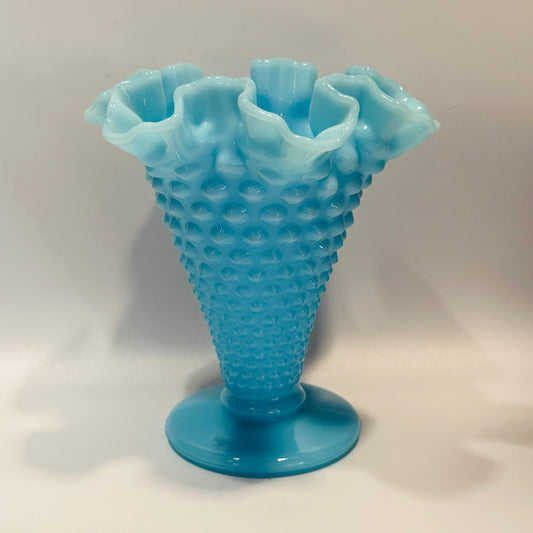 Fenton Blue Milk Glass Hobnail Ruffled Edge Vase